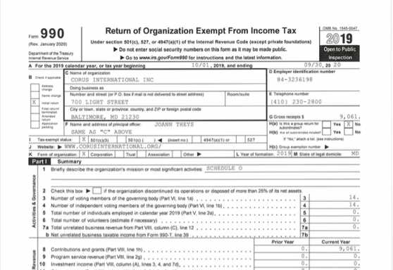Corus Finance Formulario 990 FY20