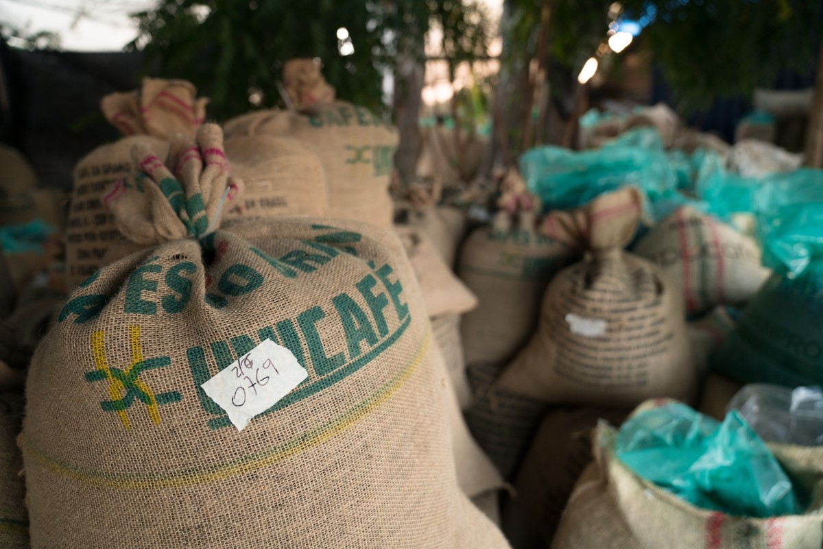 Canvas bags of coffee