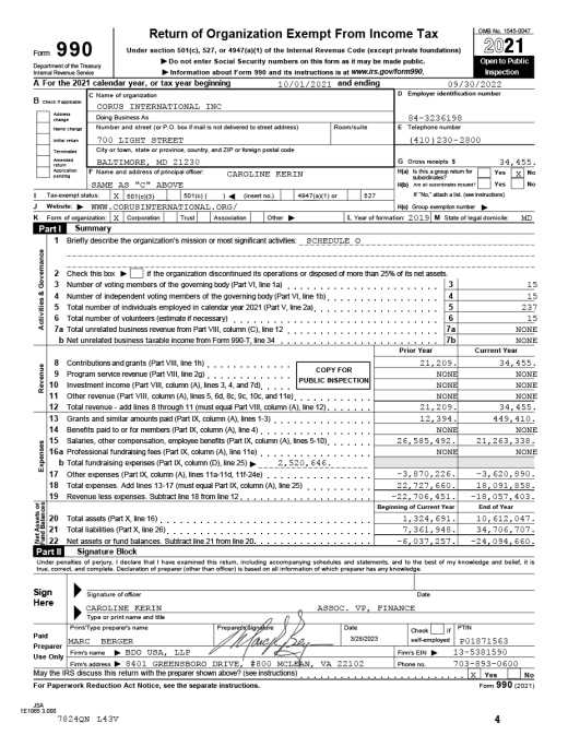 Corus International Finance Formulario 990 FY22