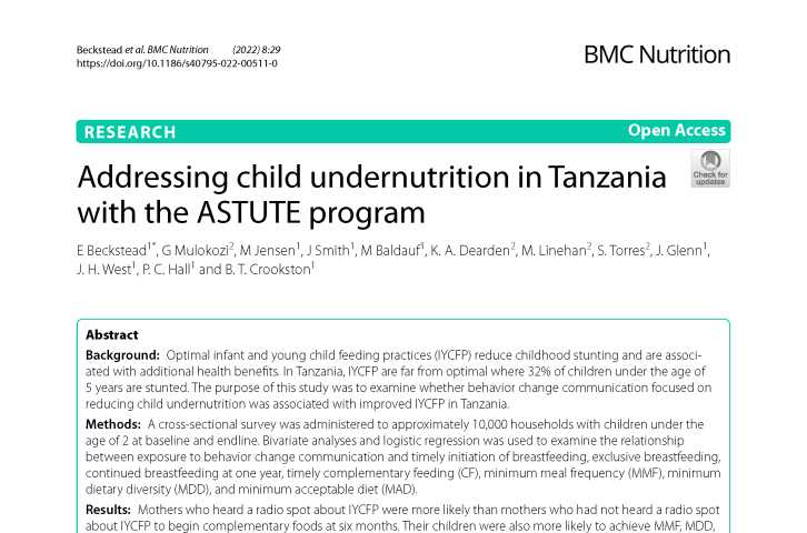 Le programme ASTUTE s'attaque à la dénutrition infantile en Tanzanie