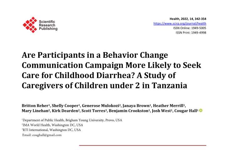 Les participants à une campagne de communication sur le changement de comportement sont-ils plus enclins à consulter pour une diarrhée infantile ? Une étude sur les personnes s'occupant d'enfants de moins de 2 ans en Tanzanie