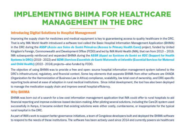 Mise en œuvre de BHIMA pour la gestion des soins de santé en RDC