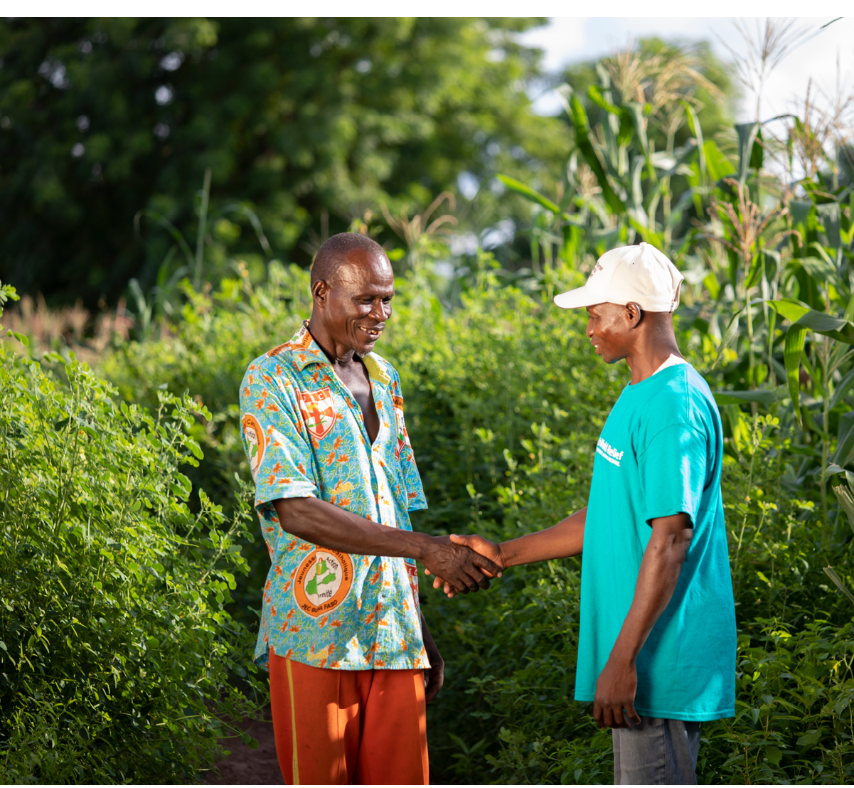 Producer Dakuyo Foroza (54, L) receives training from Producer Enterprise Agent (PEA) Bleise Tianhoun (R) on his farm in Mouhoun Province, Burkina Faso  SESAME Project - Burkina Faso, West Africa  September 12, 2018  Photo by Jake Lyell for Lutheran World Relief 